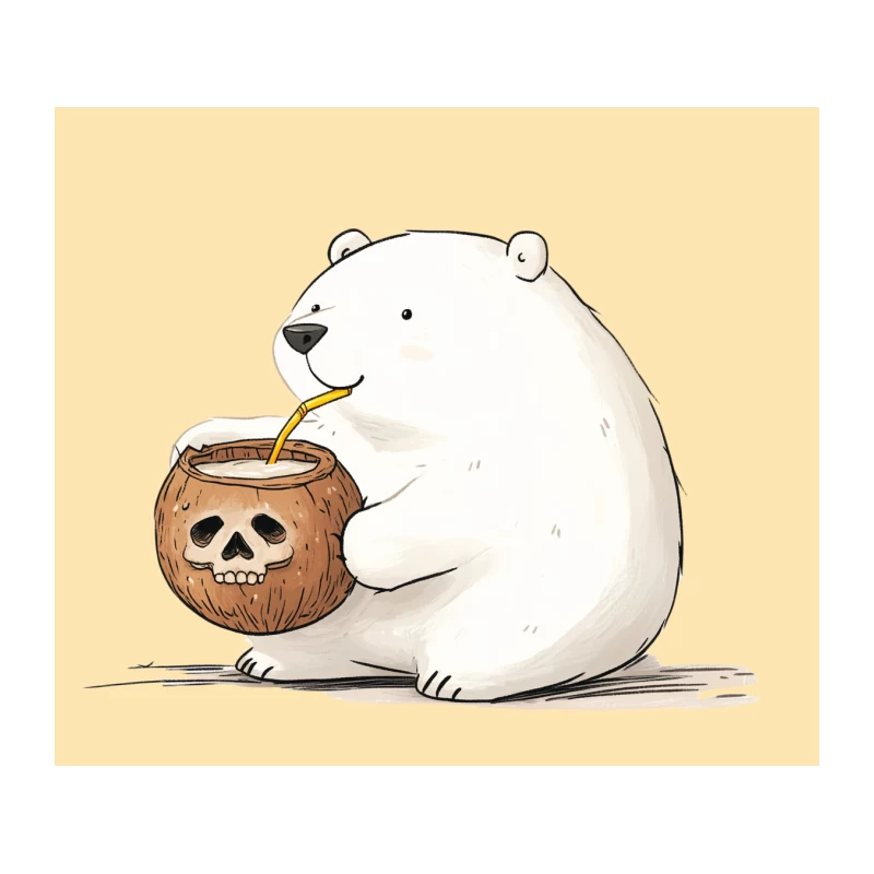 Cute Polar Bear Drinking from Halloween Coconut Skull Tapestry