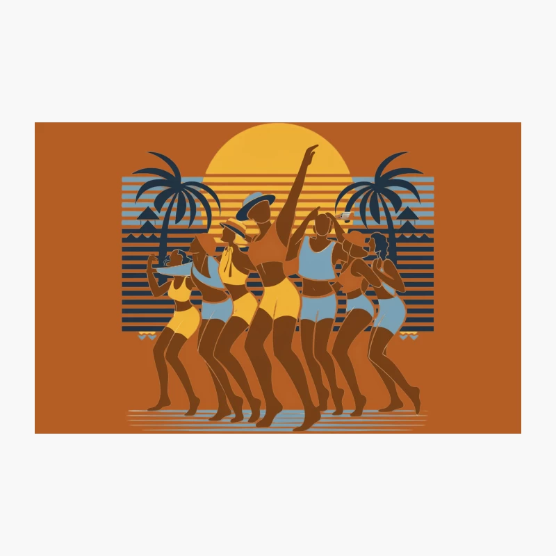 Retro Summer Beach Party with Dancing Women at Tropical Sunset Travel Mug