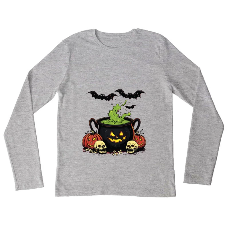 Spooky Halloween Cauldron with Bats, Pumpkins, and Skulls Female Long Sleeve T-Shirt