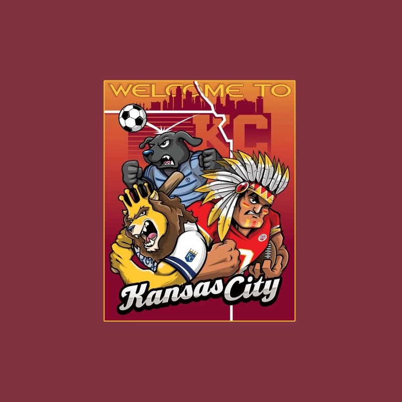 Kansas City Sports Mascots with City Skyline Illustration Throw Pillow