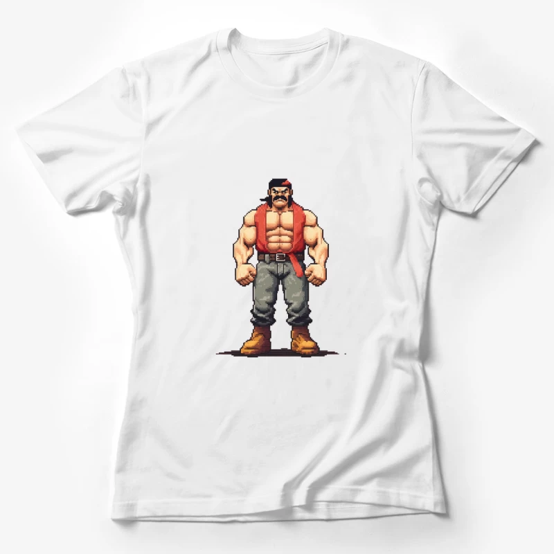 Retro Pixel Art Muscular Fighter in Red Vest Female T-Shirt