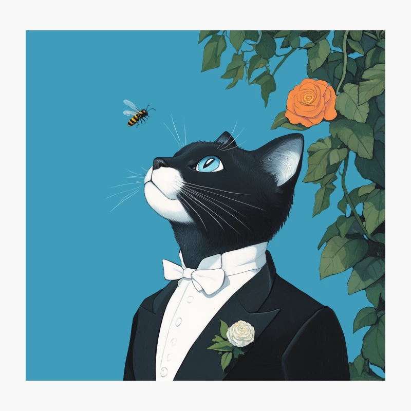 Whimsical Illustration of a Dapper Cat Admiring Nature Throw Pillow