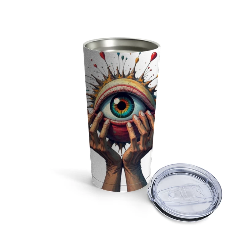 Mystical Eye Embraced by Reaching Hands with Colorful Splatter Travel Mug