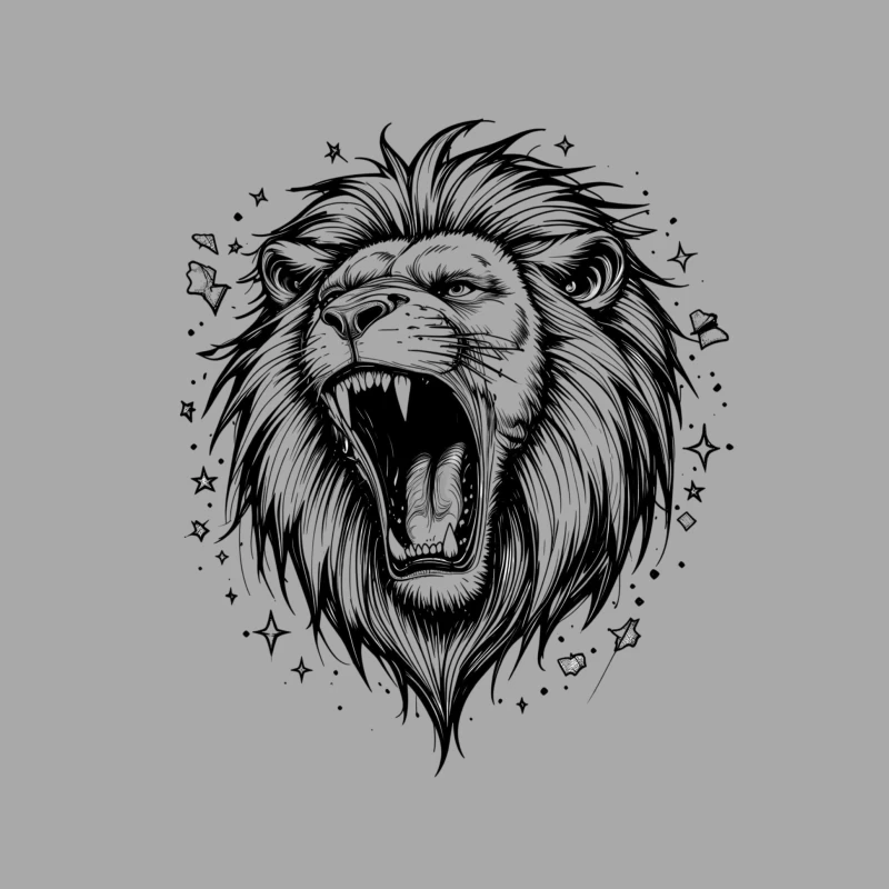 Detailed Roaring Lion Illustration in Black and White Male Pullover Hoodie
