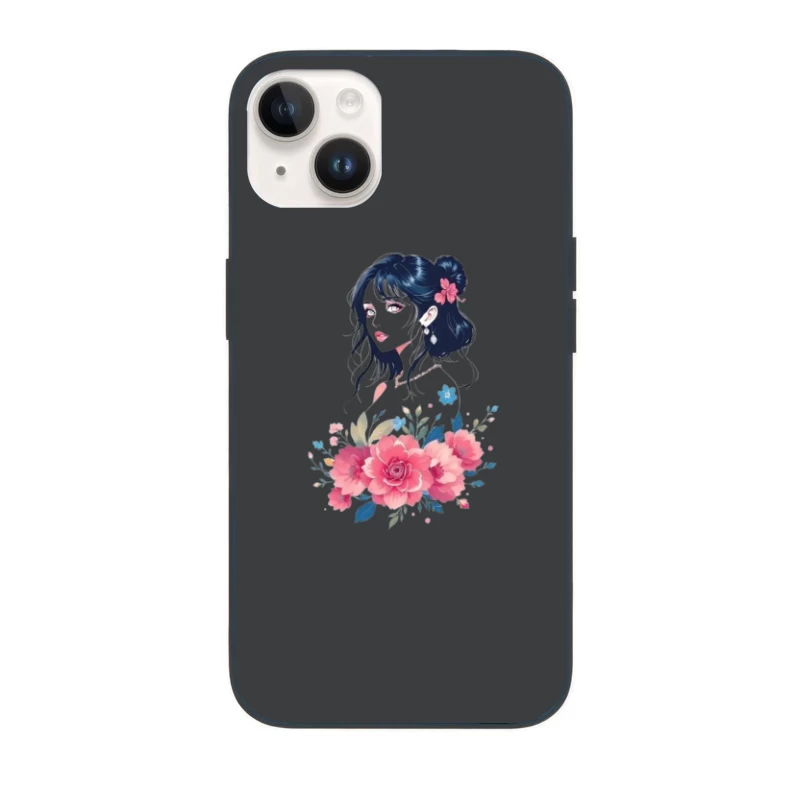 Elegant Anime Portrait with Pink Floral Arrangement iPhone Case