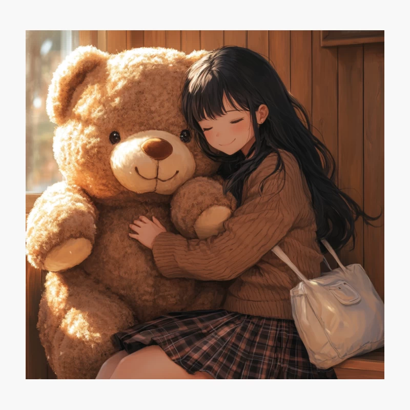Cozy Embrace: Anime Girl Hugging Teddy Bear by Sunlit Window Throw Pillow