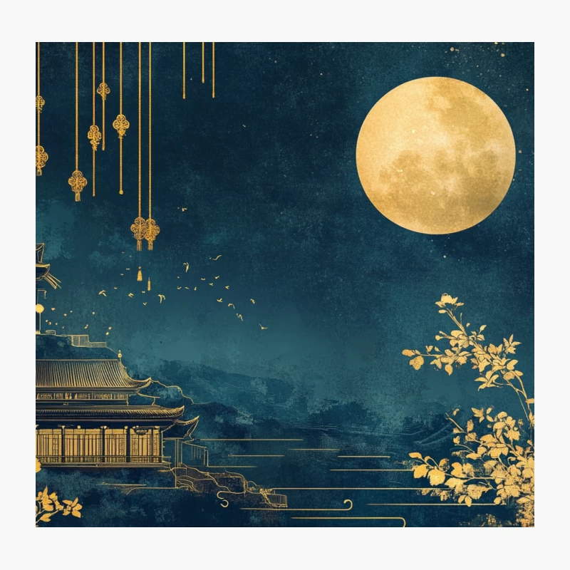 Moonlit Oriental Night with Golden Pagoda and Ornaments Throw Pillow