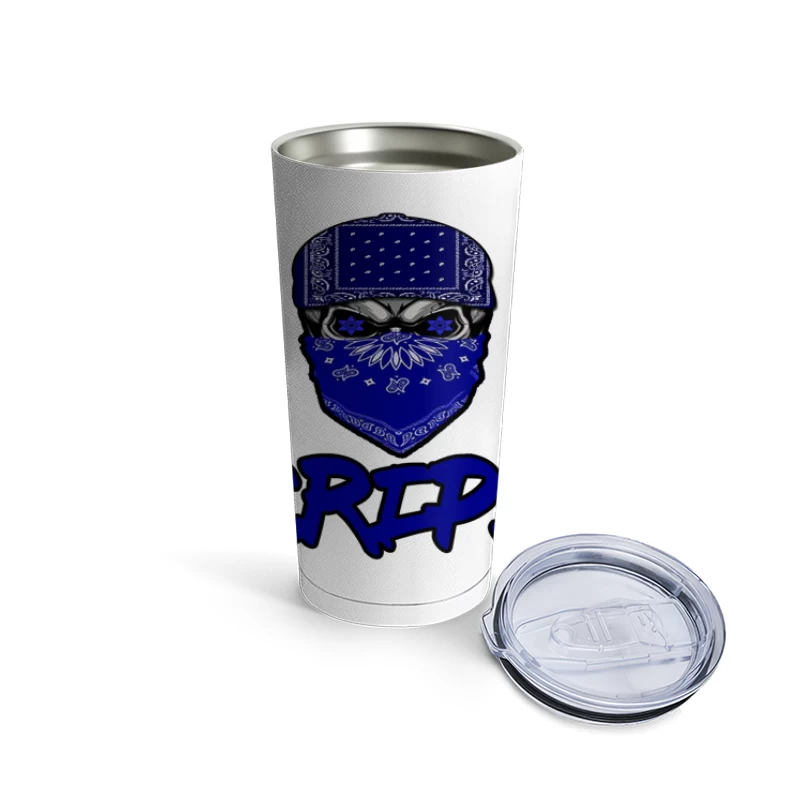 Blue Bandana Skull with Crips Gang Symbol Travel Mug