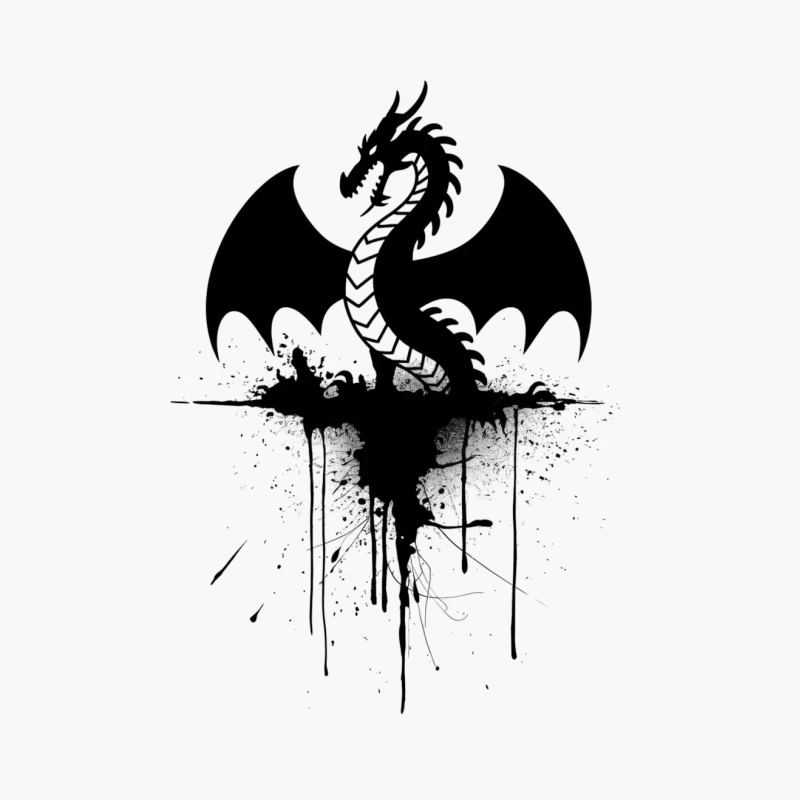 Gothic Dragon Silhouette with Moon and Ink Splatter Effect Cotton Tote Bag