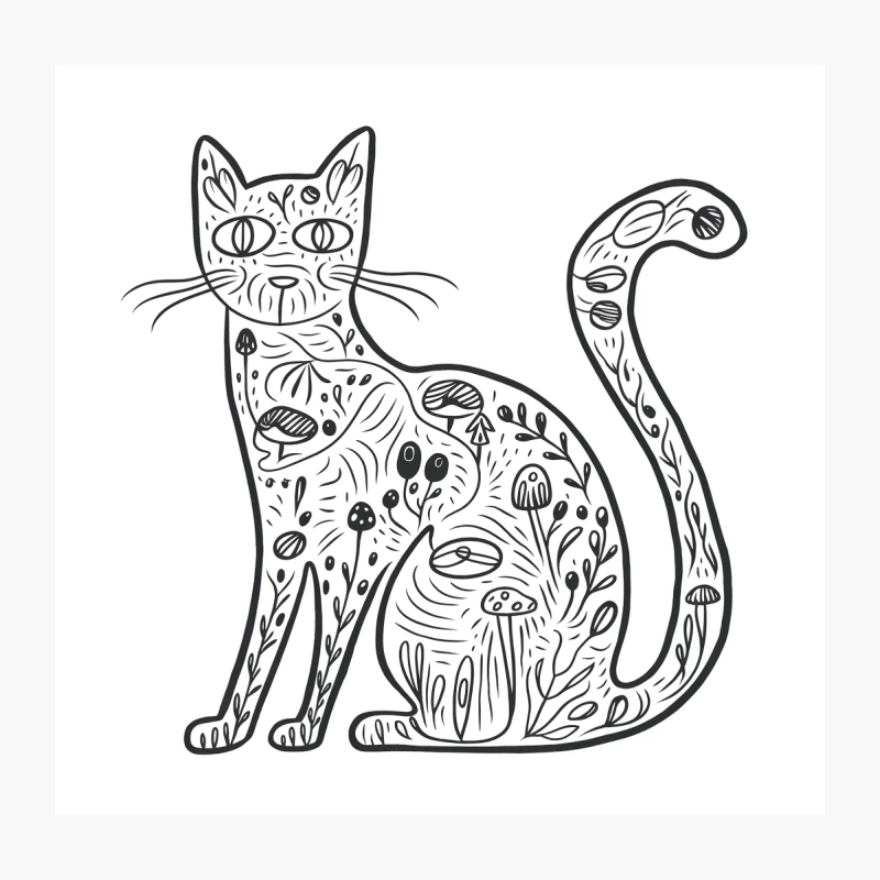 Whimsical Floral Cat: Nature-Inspired Line Drawing Throw Pillow