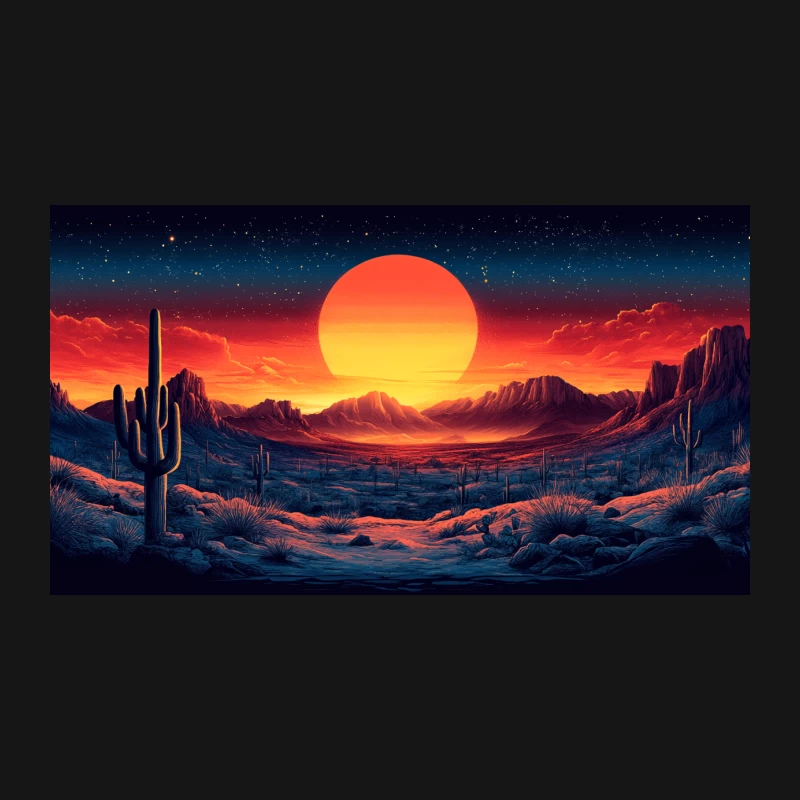 Vibrant Sci-Fi Desert Sunset with Cactus and Mountains Desk Mat