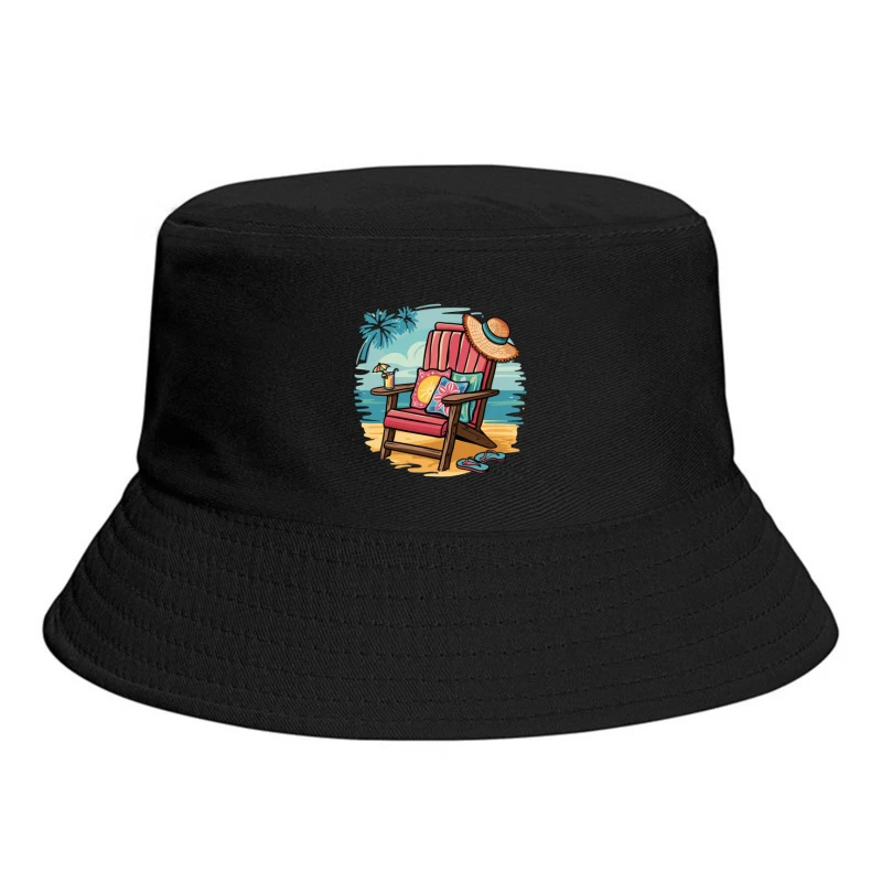 Relaxing Beach Scene with Chair and Accessories Bucket Hat