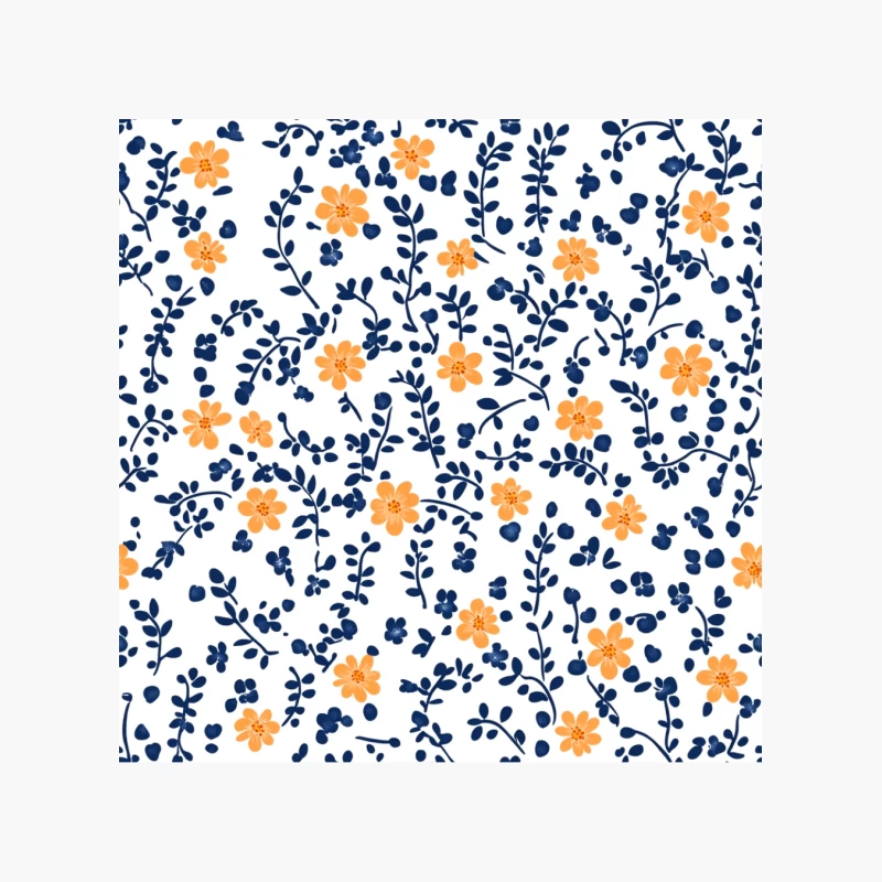 Retro Blue and Orange Floral Seamless Pattern Cotton Tote Bag