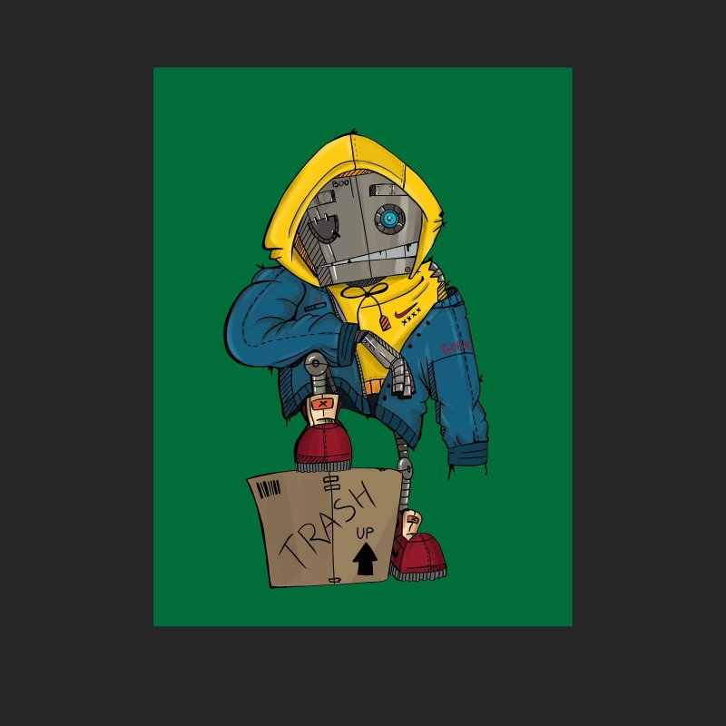 Cute Robot in Yellow Hoodie with Cardboard Box Female Pullover Sweatshirt