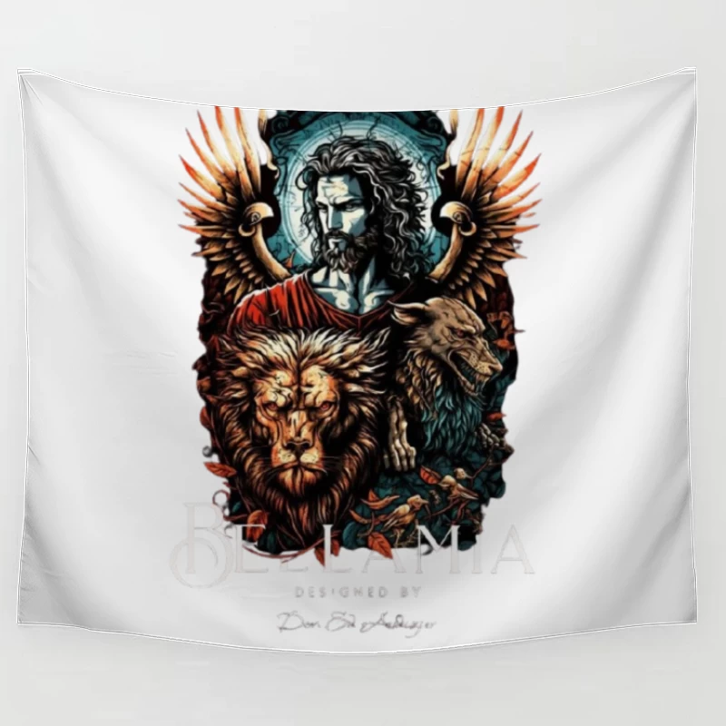 Mystical Religious Gothic Art with Lion and Angel Wings Tapestry