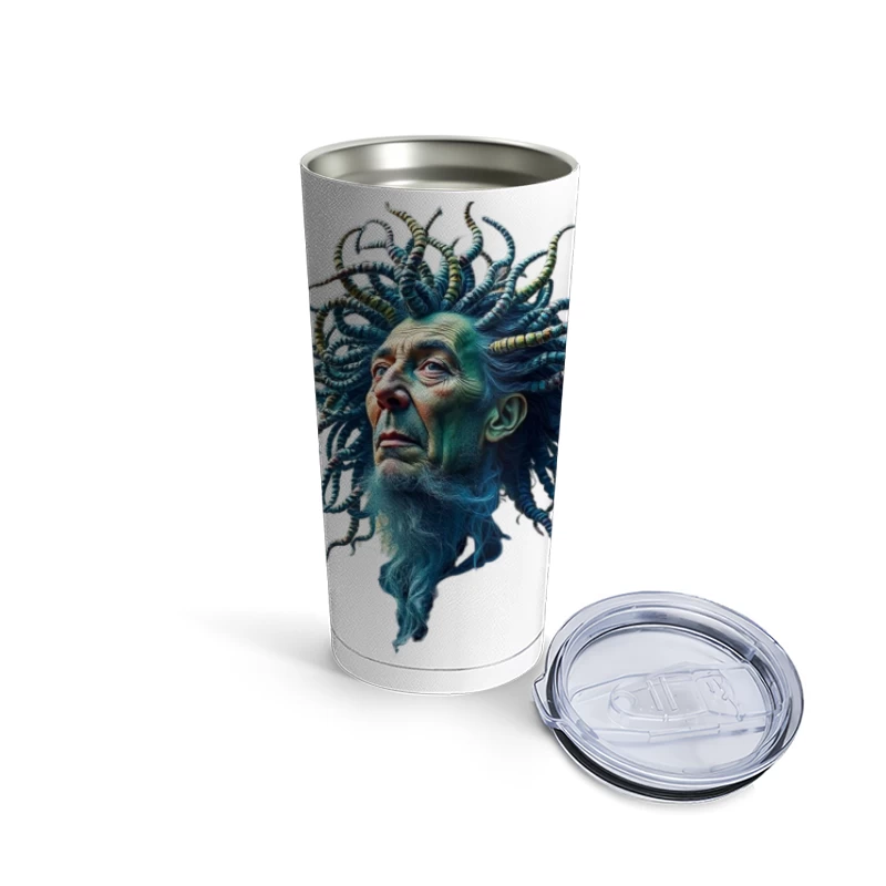 Surreal Medusa-Inspired Portrait with Blue Tentacles Travel Mug