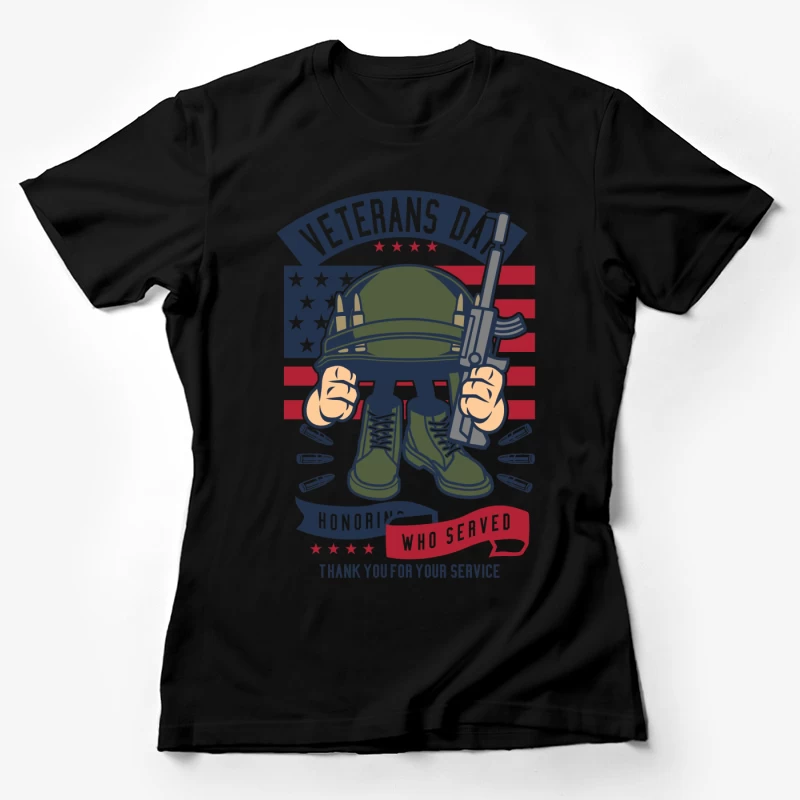 Hommage aux anciens combattants: casque militaire et bottes sur fond de drapeau américain Femme T-Shirt