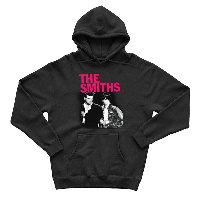 The Smiths: Iconic 1980s Indie Rock Band Portrait with Pink Logo Male Pullover Hoodie