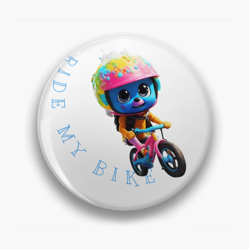 Cute Blue Animated Character Riding Colorful Bike with Safety Helmet Pin