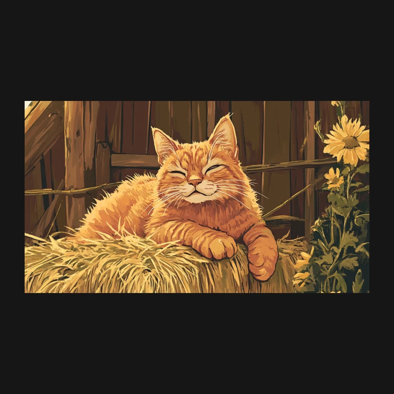 Relaxed Orange Tabby Cat in Rustic Barn with Hay and Sunflowers Desk Mat