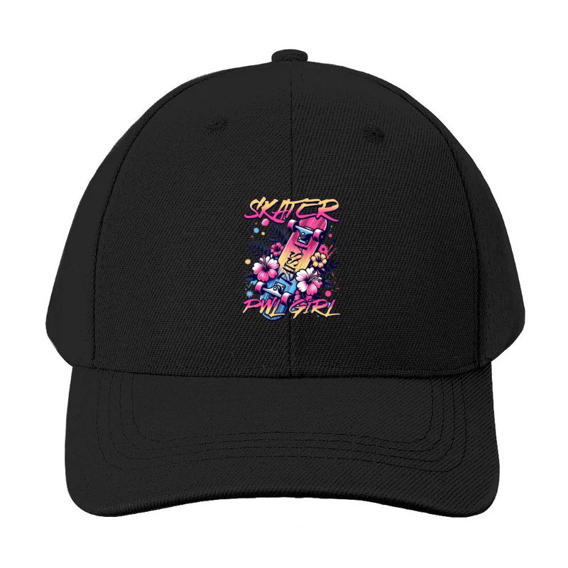 Tropical Skater Girl Typography with Floral Design Baseball Cap