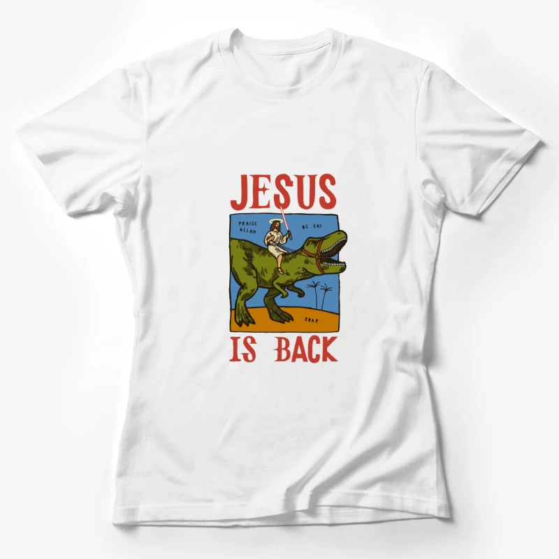 Jesus auf einem Dinosaurier mit Lichtschwert Damen T-Shirt