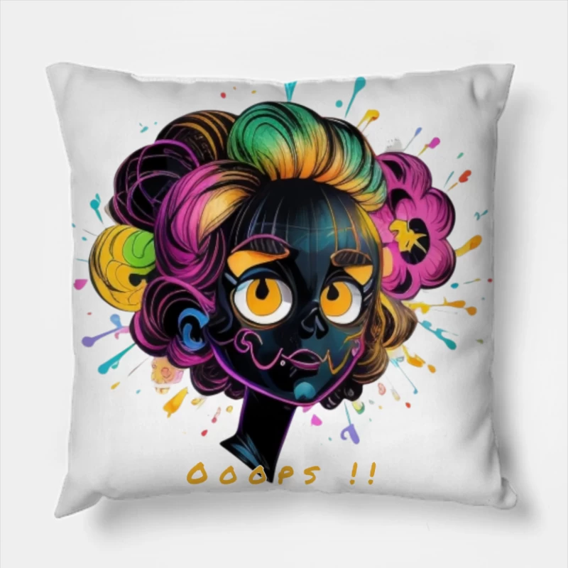 Whimsical Cartoon Character with Rainbow Hair and Paint Splashes Throw Pillow