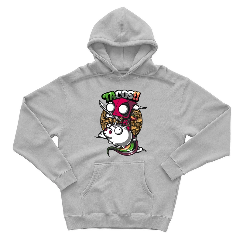 Colorful Cartoon of Tacos with a Unicorn and Knife-wielding Character Male Pullover Hoodie