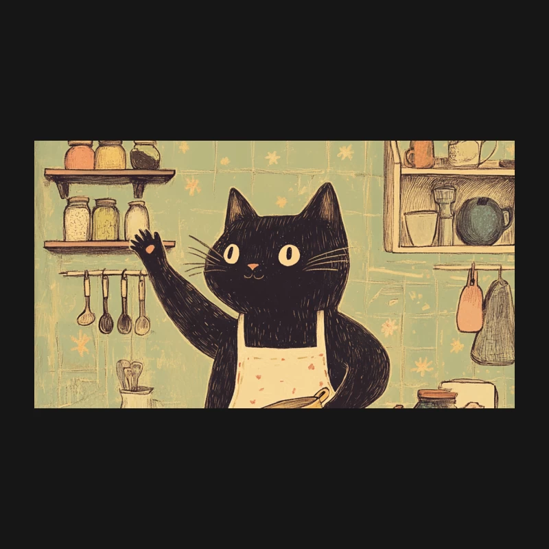 Whimsical Black Cat Baking in Vintage Kitchen Illustration Desk Mat