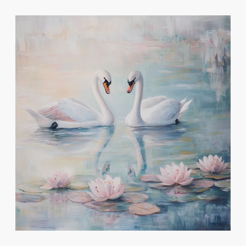 Romantic Swan Pair with Water Lilies: A Peaceful Lake Painting Pin