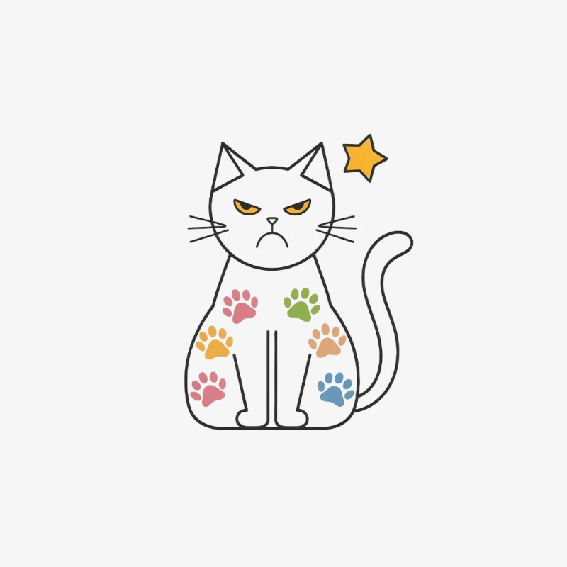 Grumpy White Cartoon Cat with Colorful Paw Prints Male Pullover Sweatshirt
