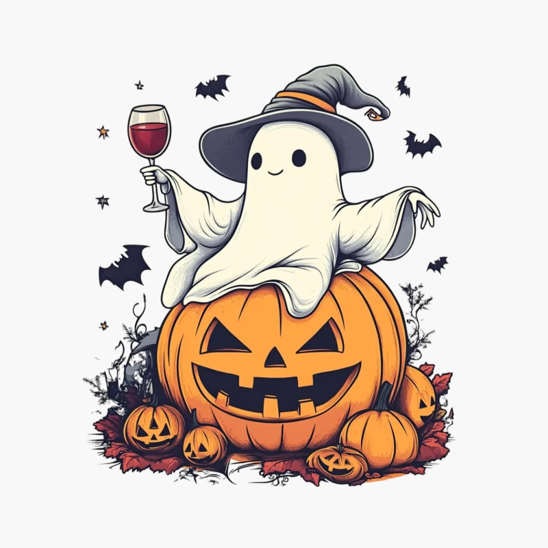 Cute Halloween Ghost with Wine on Pumpkin Cotton Tote Bag