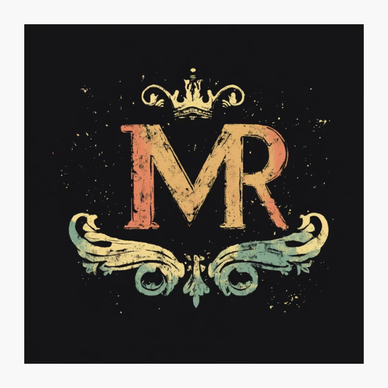 Ornate Vintage MR Initials Logo with Crown on Black Background Pin