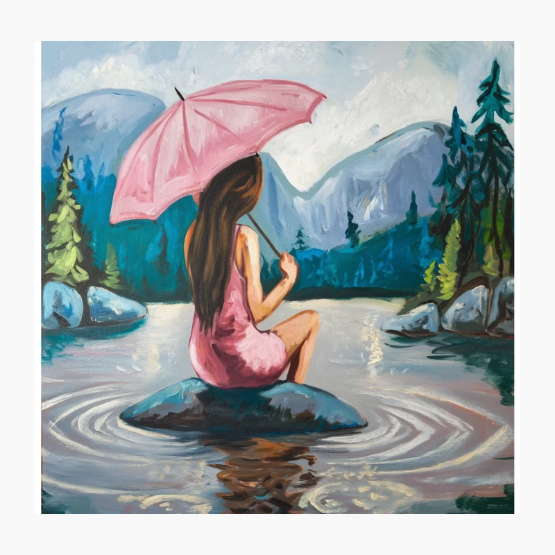 Serene Lake View: Woman with Pink Umbrella Amidst Mountains Throw Pillow