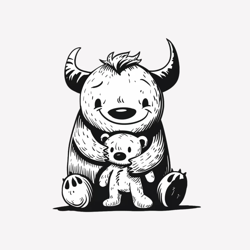 Adorable Horned Monster Hugging Teddy Bear in Black and White Illustration Male T-Shirt