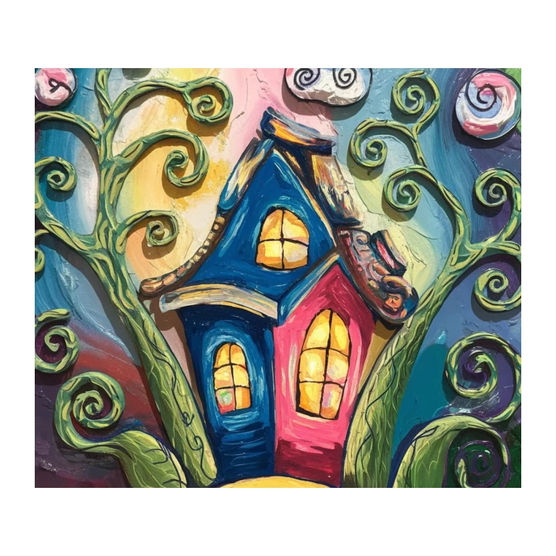 Whimsical Fantasy House in Swirling Colorful Abstract Landscape Tapestry