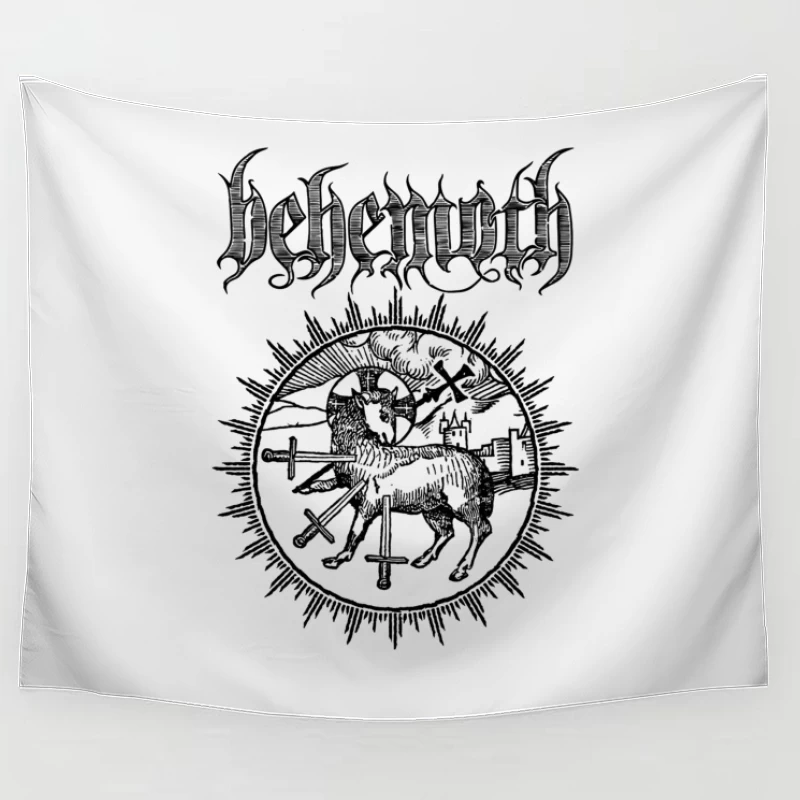 Occult Black Metal Logo with Medieval Lamb and Swords Tapestry