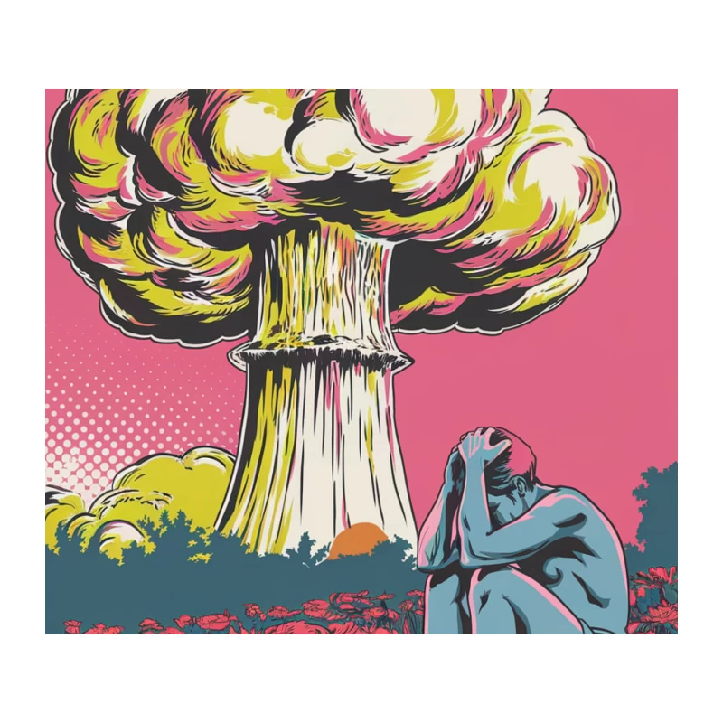 Apocalyptic Despair: Nuclear Explosion Amid Surreal Flower Field Tapestry