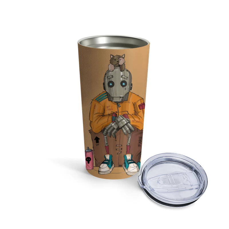 Urban Robot with Cat in Street Art Style Travel Mug