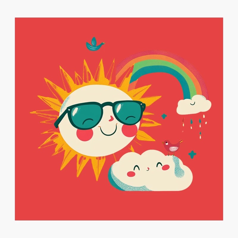 Cheerful Cartoon Summer Scene with Smiling Sun and Rainbow Throw Pillow