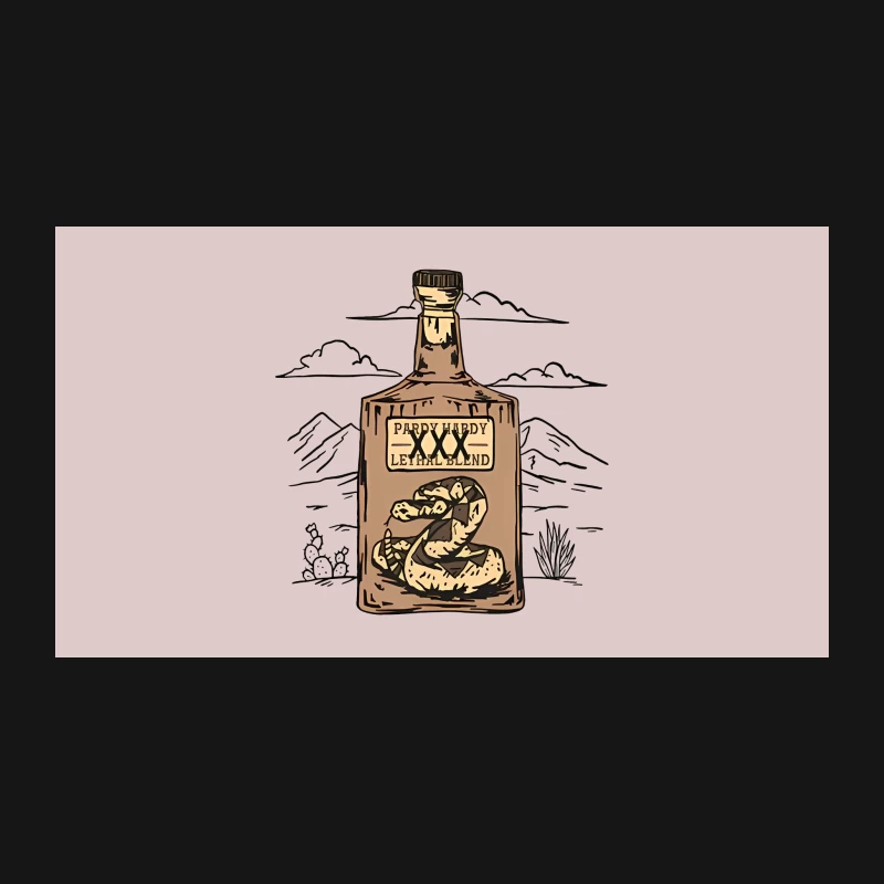Desert Snake Whiskey Bottle Illustration with Mountain Background Desk Mat
