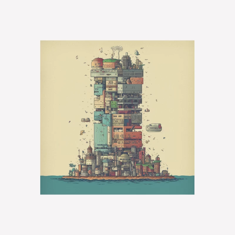 Retro-Futuristic Vertical City Island Male T-Shirt