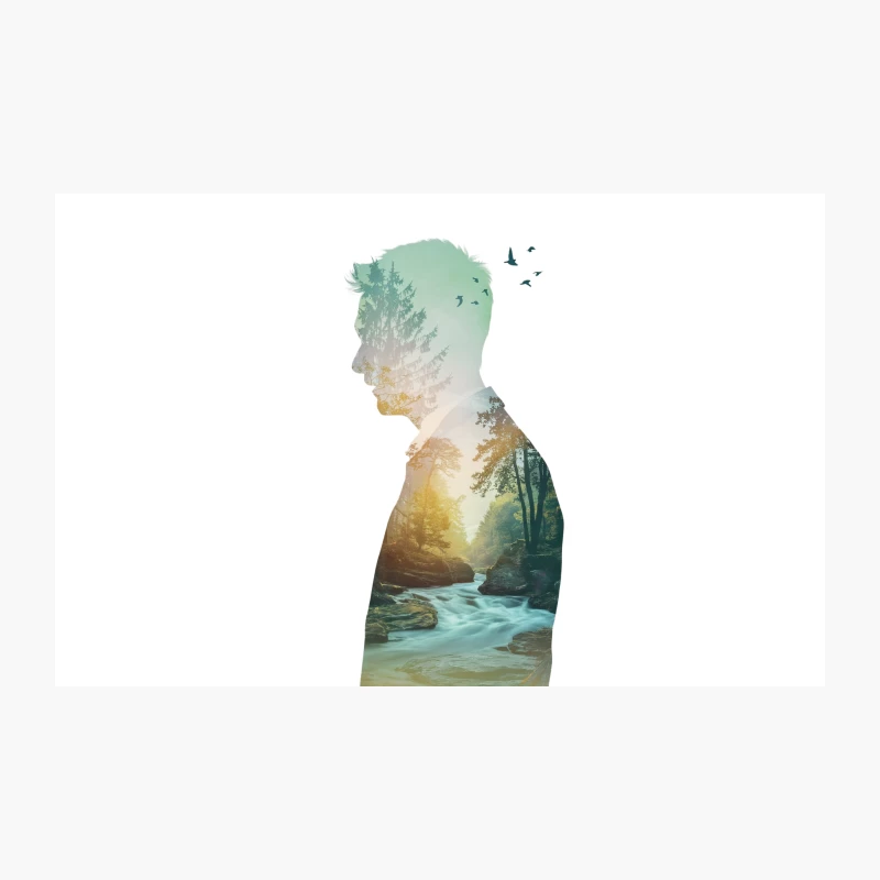 Silhouette's Natural Harmony: A Double Exposure of Forest and River Travel Mug