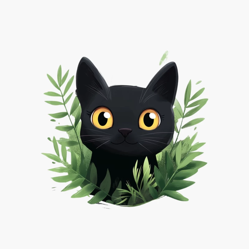 Adorable Black Cat Peering Through Green Leaves in Cartoon Style Cotton Tote Bag