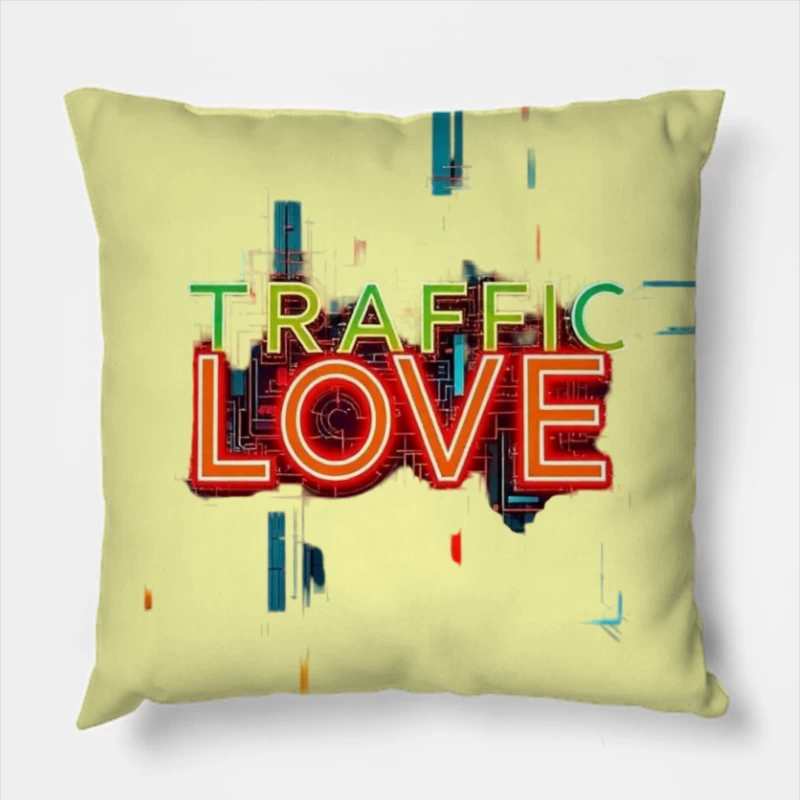 Neon Traffic Love Typography with Glitch Effect Throw Pillow