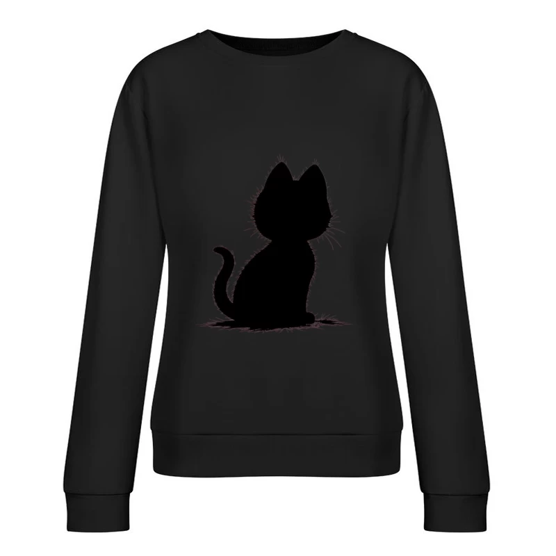 Elegant Black Cat Silhouette Female Pullover Sweatshirt