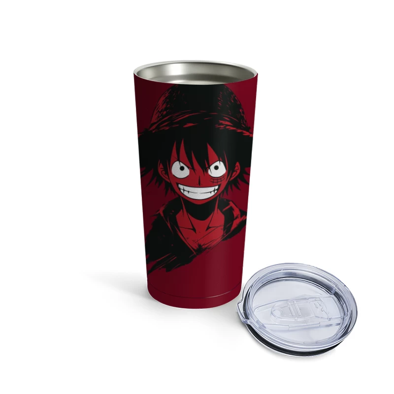 Grinning Anime Character in Straw Hat: One Piece Style Travel Mug