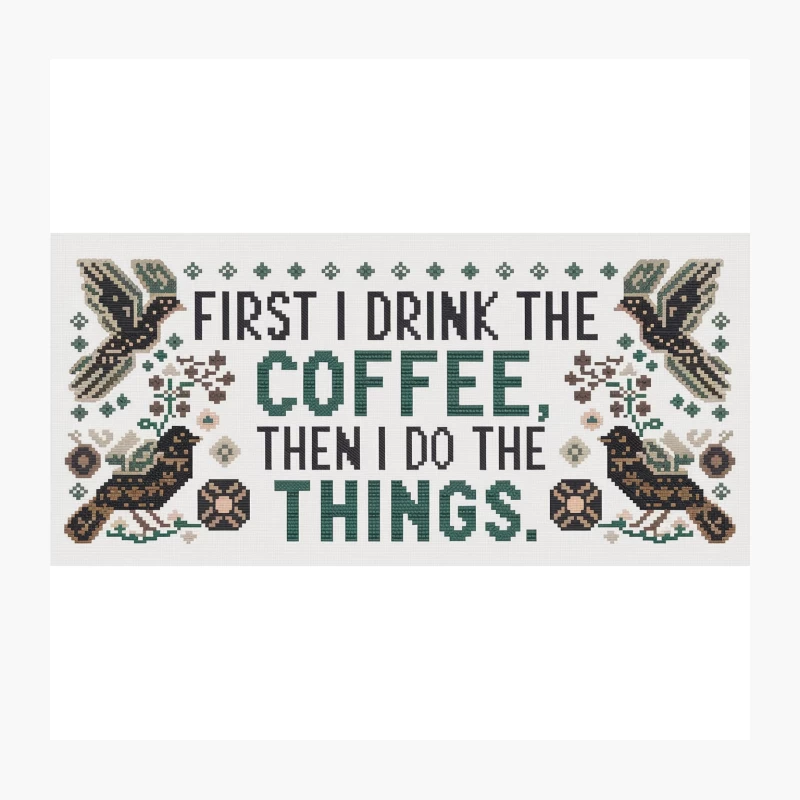 Humorous Coffee Quote Cross Stitch with Bird Motifs Throw Pillow