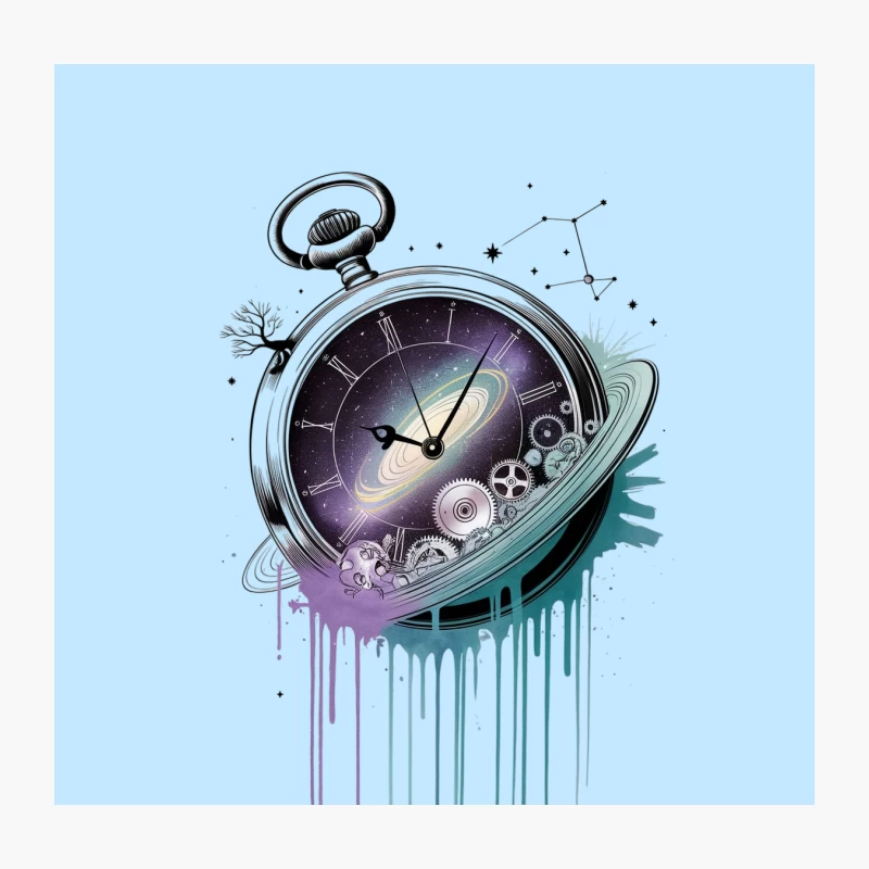 Cosmic Steampunk Pocket Watch with Galaxy and Dripping Paint Throw Pillow