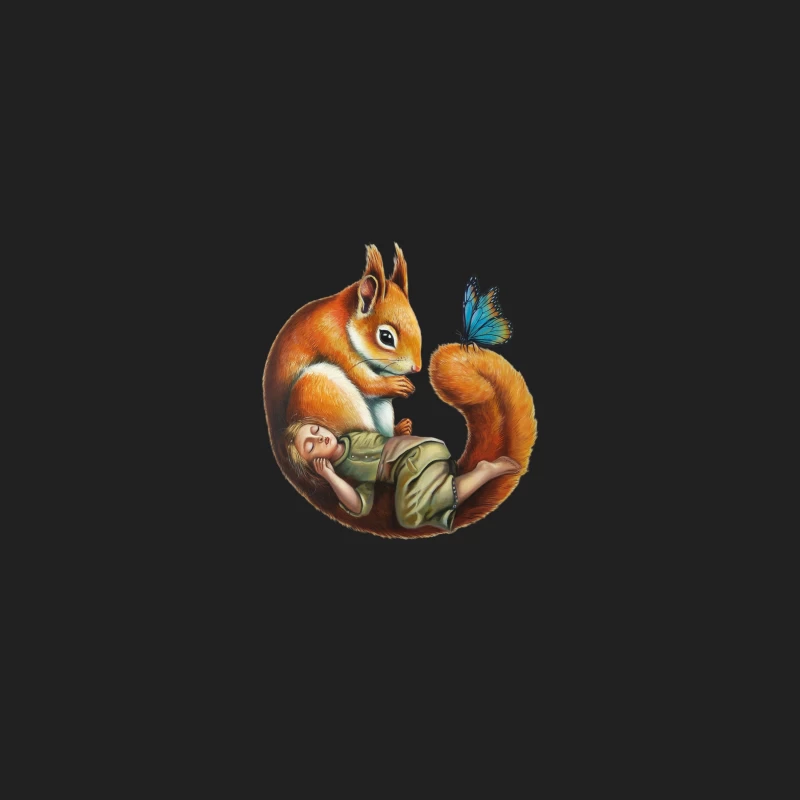 Surreal Fantasy Illustration: Squirrel Cradles Tiny Figure with Butterfly Bucket Hat